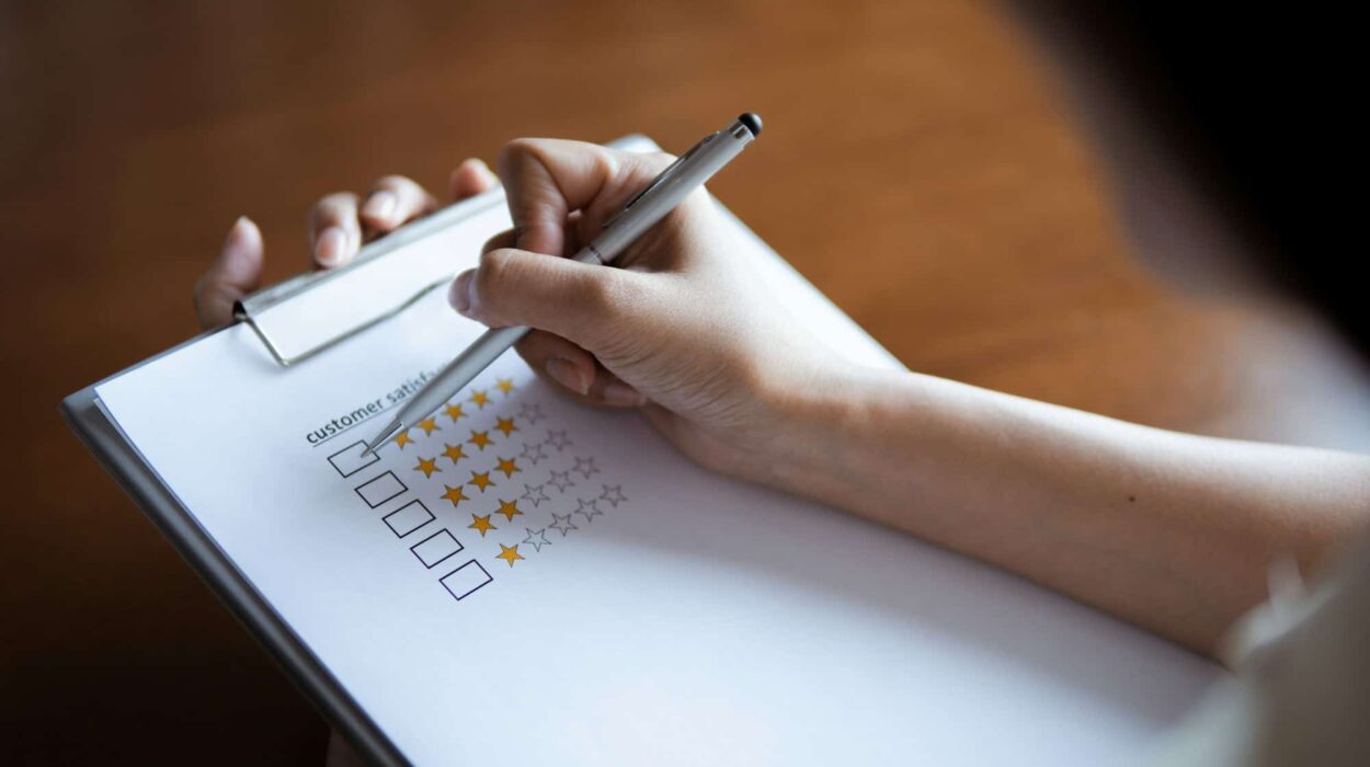 Customer review good rating concept hand pressing five star on visual screen and positive customer.